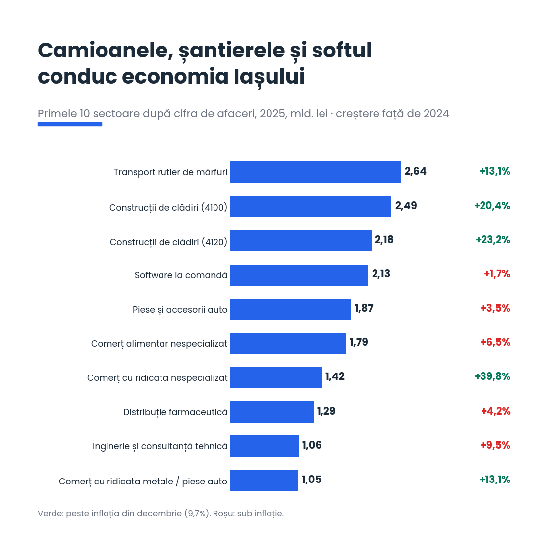 Primele zece sectoare economice din județul Iași după cifra de afaceri în 2025 și creșterea față de 2024