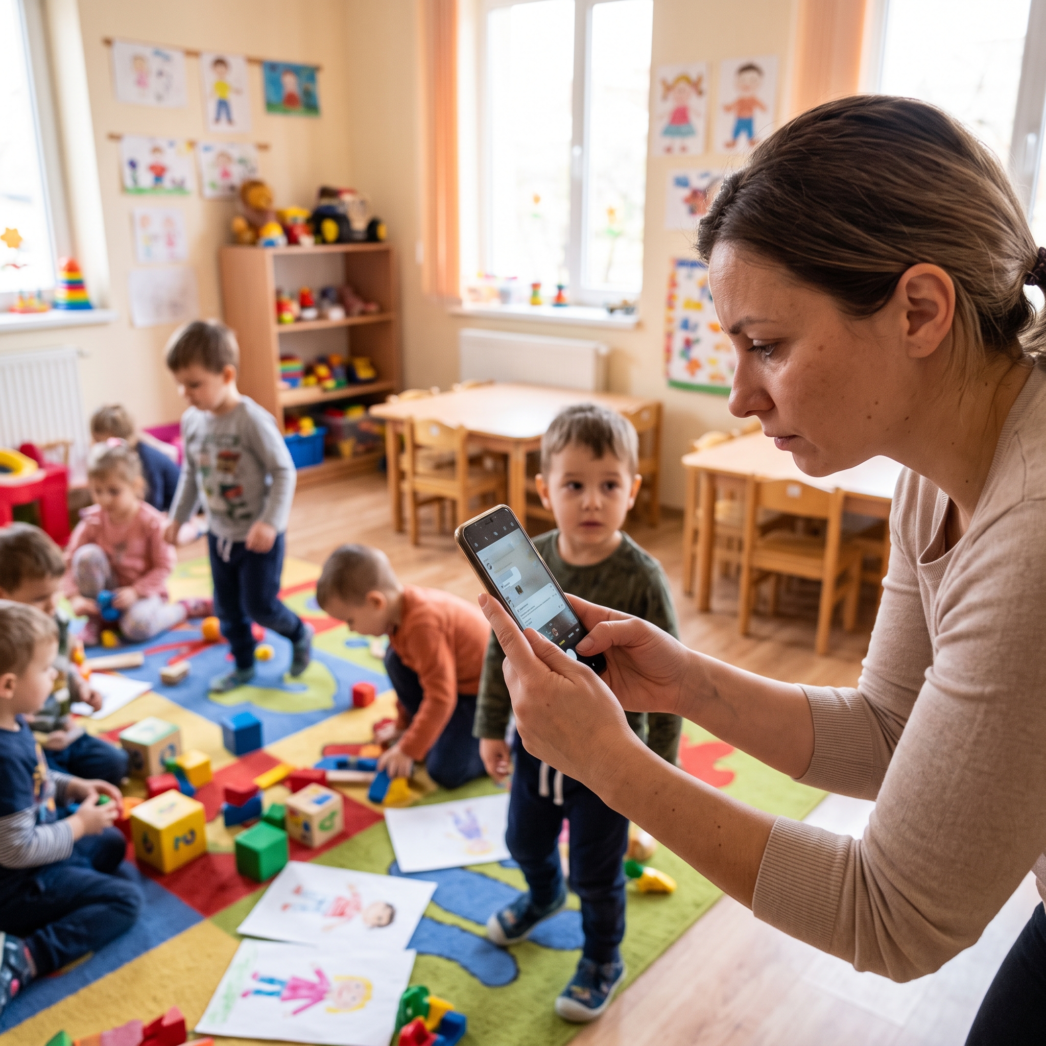 Educatoare fotografiind cu telefonul copiii care se joacă pe covorul din sala de grupă