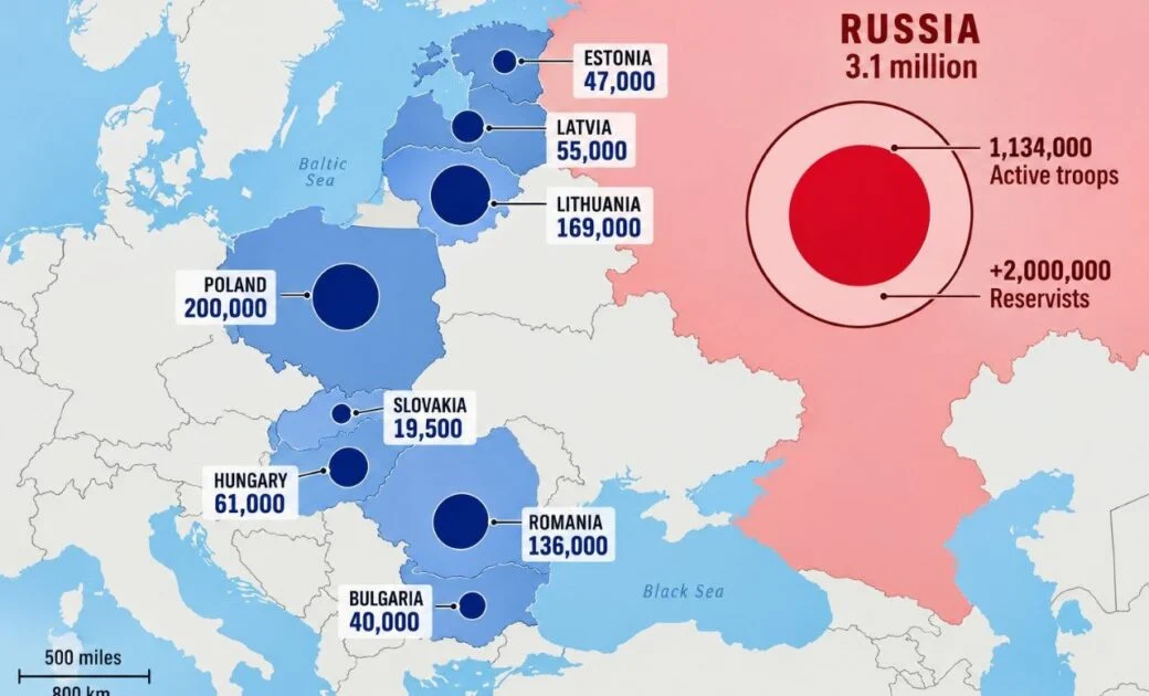 Hartă cu distribuția trupelor NATO pe flancul estic și forțele ruse în comparație