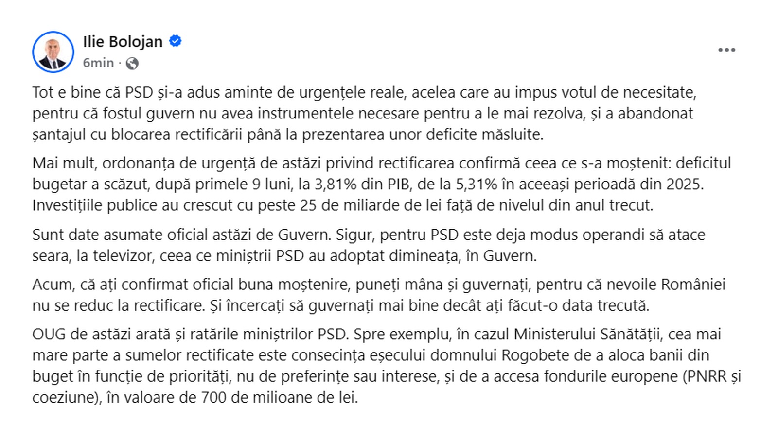 Bolojan îl atacă pe Rogobete: captură din postarea lui Ilie Bolojan de pe Facebook despre rectificarea bugetară și Ministerul Sănătății