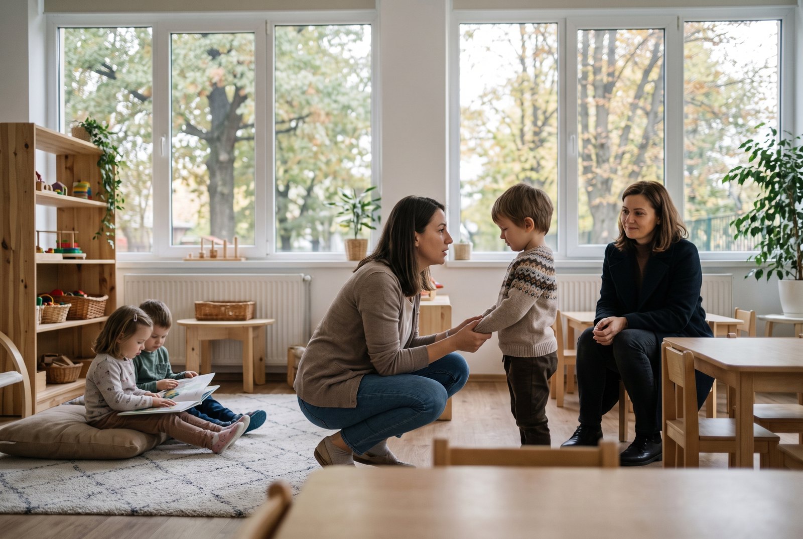 Educatoare ghemuită la nivelul unui copil, ținându-l de mâini, în timp ce o mamă privește din sala de grupă
