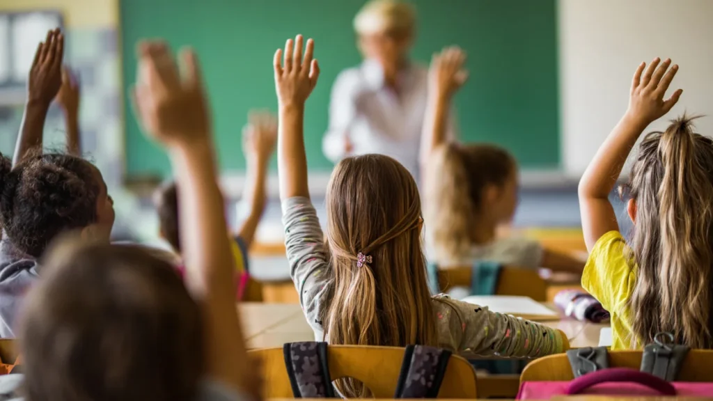 Elevi care ridică mâna într-o sală de clasă