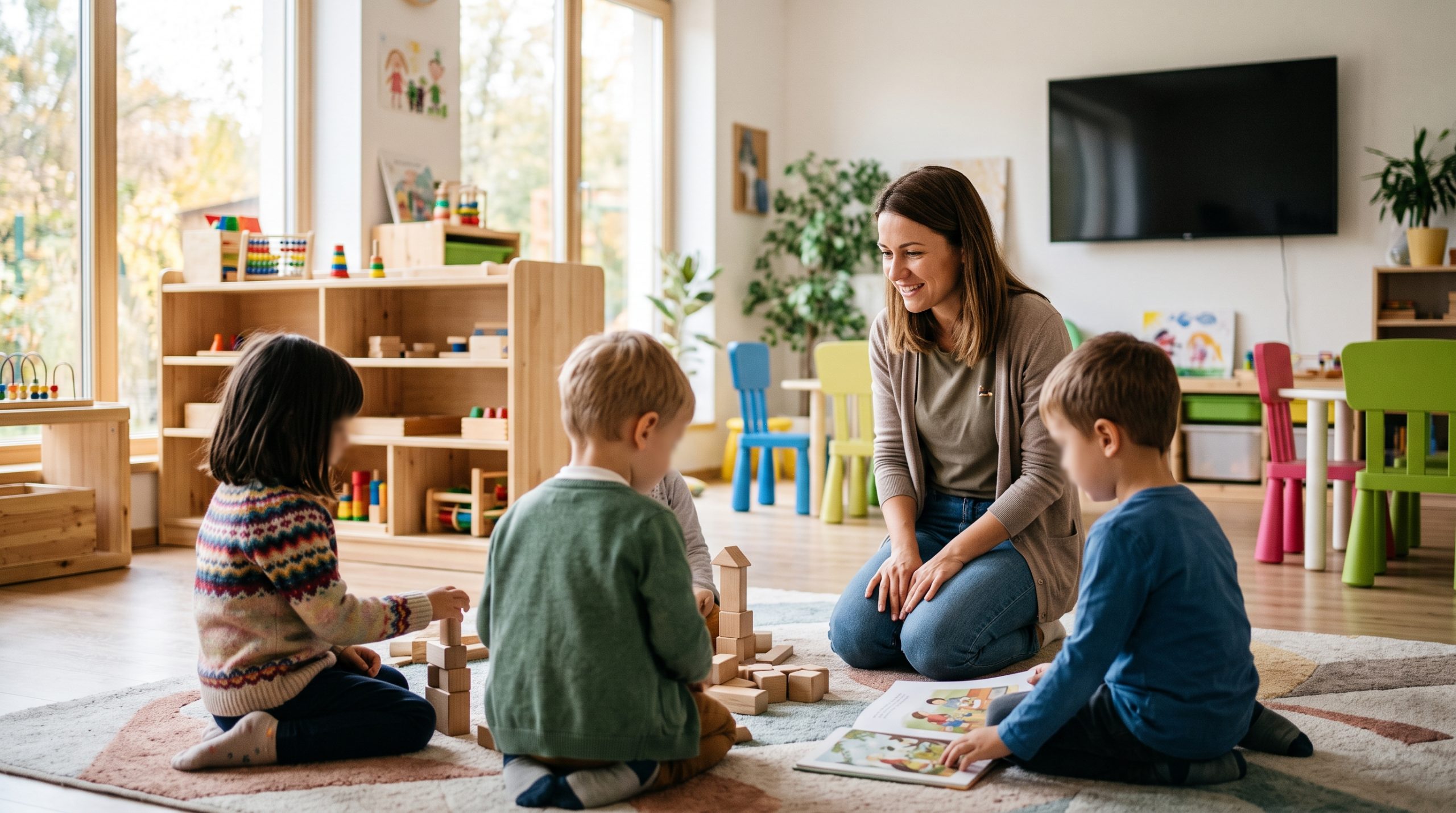 Educatoare și copii mici care se joacă pe covor, într-o sală fără ecrane