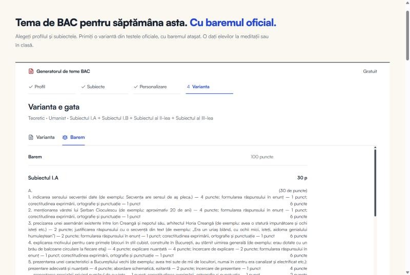 Fila cu baremul, cu punctajele defalcate pe fiecare cerință a Subiectului I.A