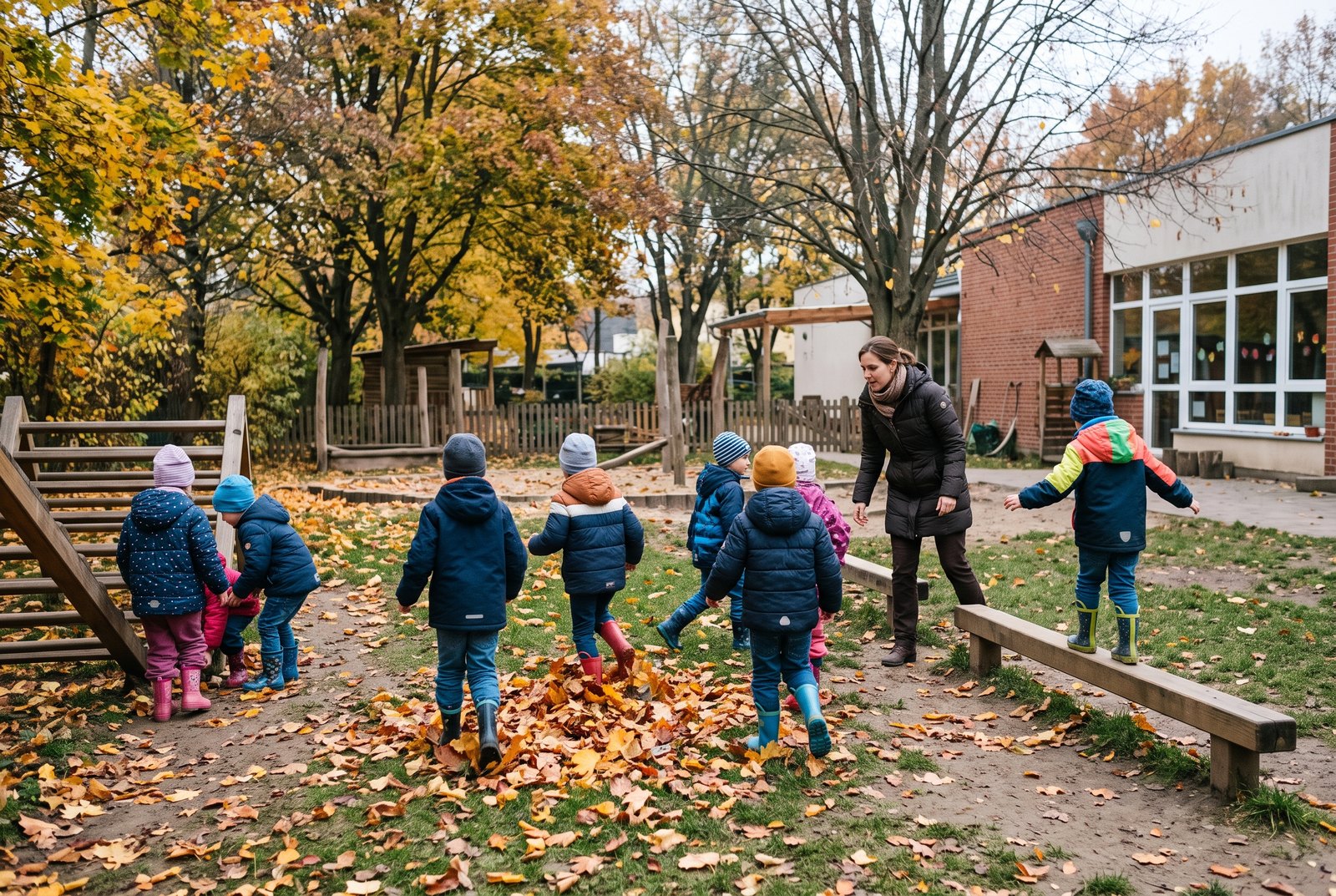 Preșcolari în geci și cizme de cauciuc care se joacă prin frunze uscate în curtea grădiniței, alături de educatoare