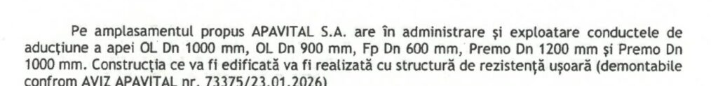 Paragraf din decizia de mediu care enumeră conductele Apavital de pe amplasament