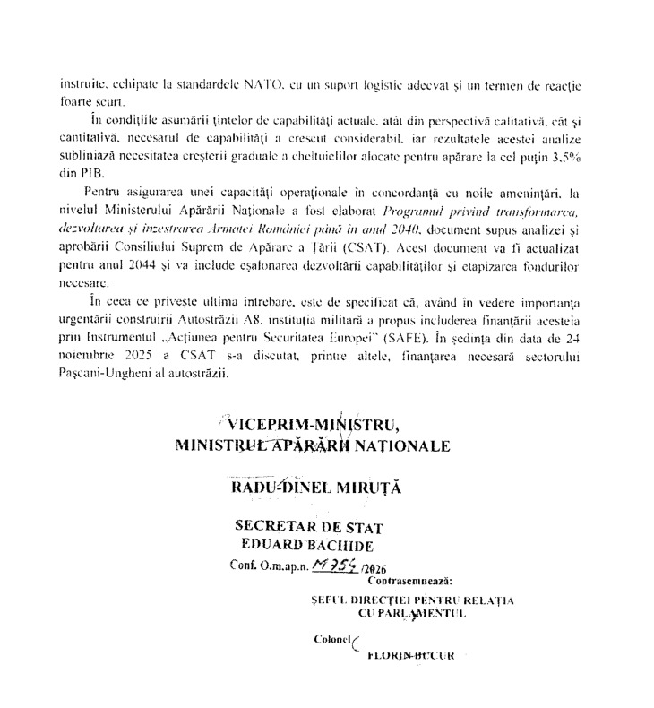 Ultima pagină a răspunsului Ministerului Apărării Naționale la întrebarea deputatului Alexandru Muraru, semnat de Radu-Dinel Miruță