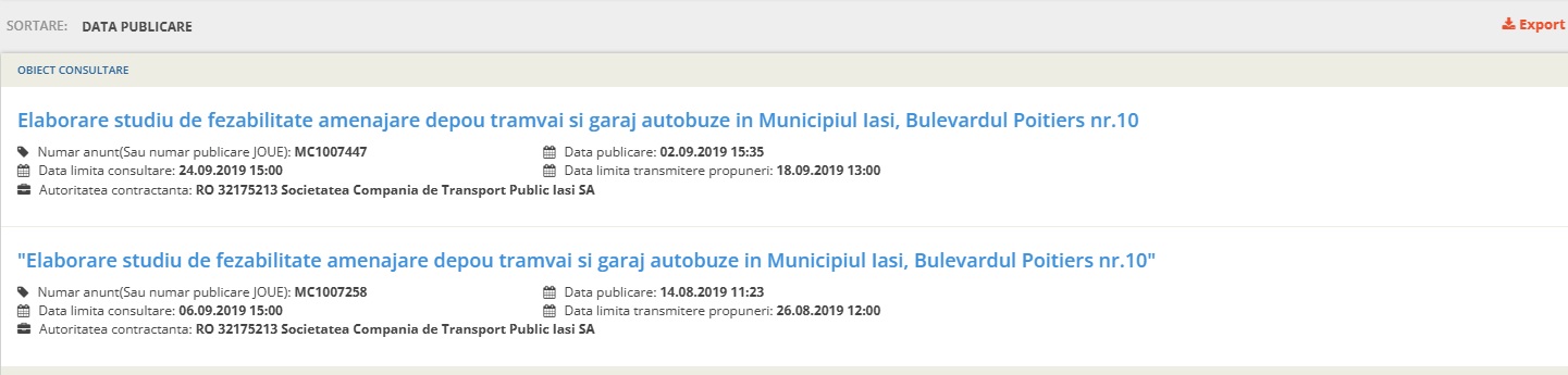 Lista consultărilor de piață ale CTP Iași în SEAP, din 2019