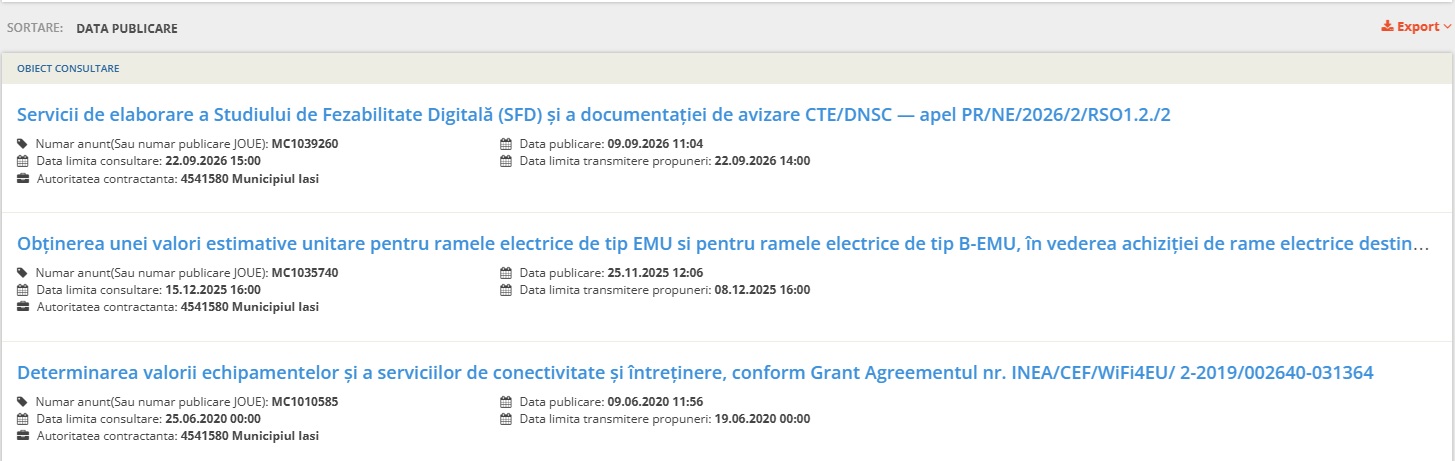 Lista consultărilor de piață ale Primăriei Iași în SEAP, fără tramvaie Iași