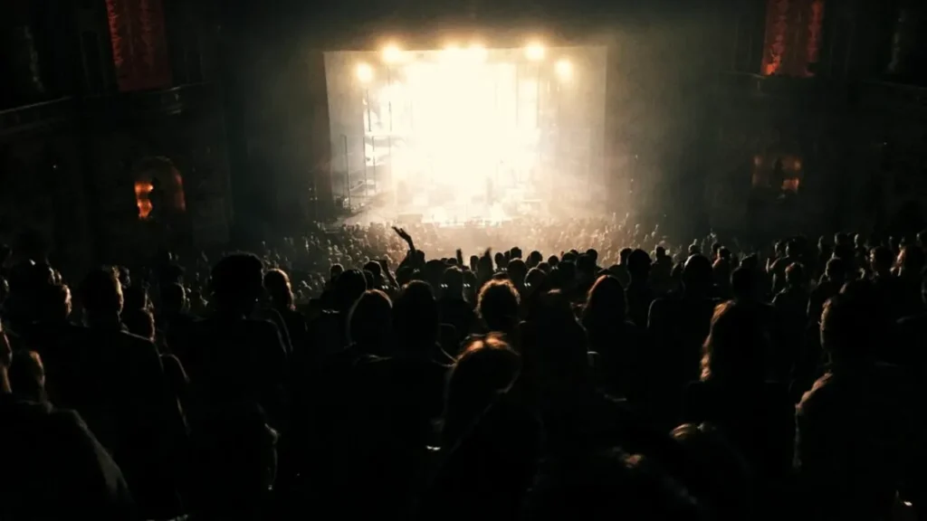 Scenă luminată în timpul unui spectacol, cu publicul în întuneric
